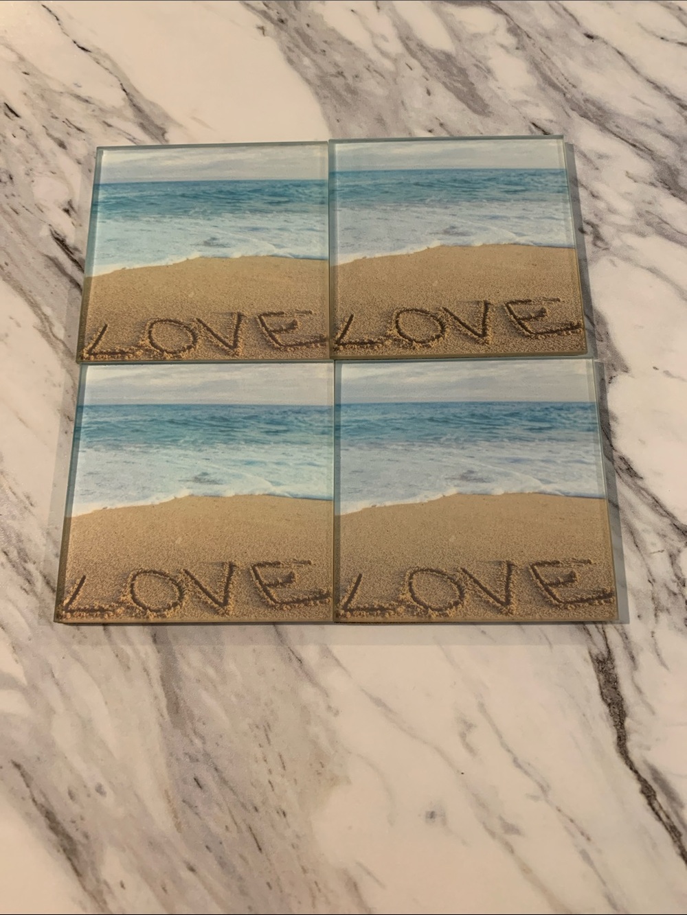 Coastal 'Love' Glass Coaster Set - Blue and Tan